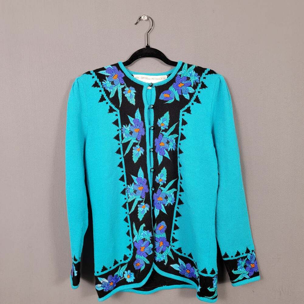 Vintage Anne Crimmins Neiman Marcus Floral Art grandpa Cardigan Sweater 80s